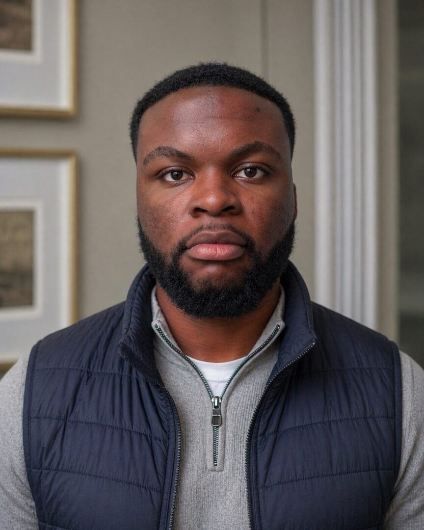Portrait of a serious young man indoors with framed artwork behind him.